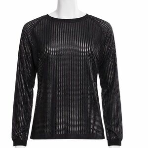 Akris Punto Black Laser Cut Crewneck Long Sleeve Top, Size 14
